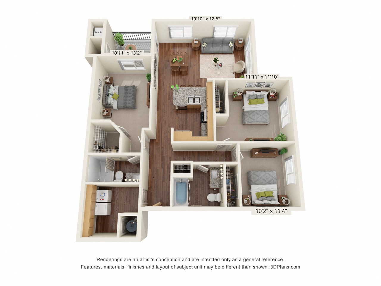 Floor plan for 3 beds, 2 baths, 1231 sqft